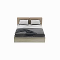 Double Bed With Light Wood Frame White Pillows Gray Striped Sheets And Dark Blanket 3d model