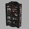 Elegant Black Liquor Cabinet with Glass Doors and Multiple Shelves Holding Various Wine Bottles