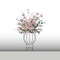Elegant Banquet Hall Decoration With Metal Wire Vase Pink Roses Green Leaves And Fresh Flowers