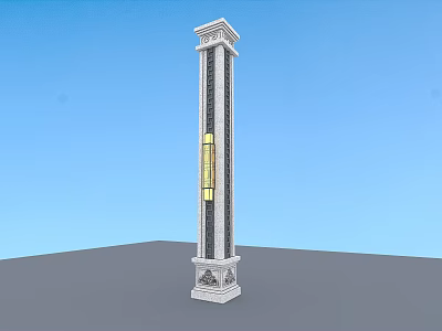 Ornate Stone Column Design With Decorative Top Base And Glass Panel Against Blue Sky 3d model