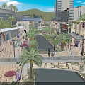Modern Commercial Street with Palm Trees Water Channels Modern Buildings Pedestrians and Umbrella Seating