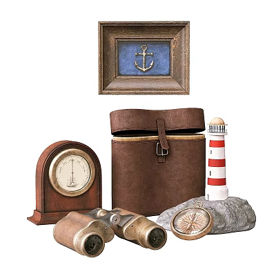 Nautical Decorative Ornament Set With Lighthouse Compass Binoculars Anchor Painting Leather Case 3d model