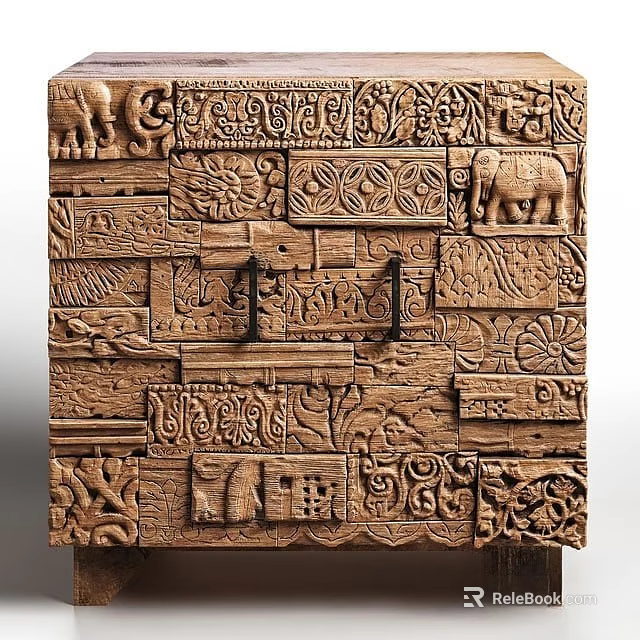 Wooden Console Cabinet Sideboard With Intricate Carved Elephant Motifs Decorative Design 3d model 