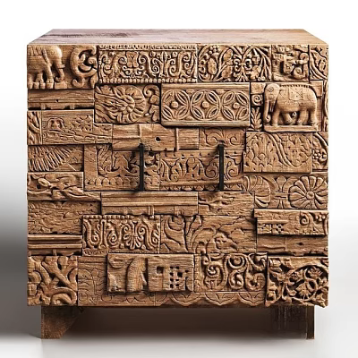 Wooden Console Cabinet Sideboard With Intricate Carved Elephant Motifs Decorative Design 3d model