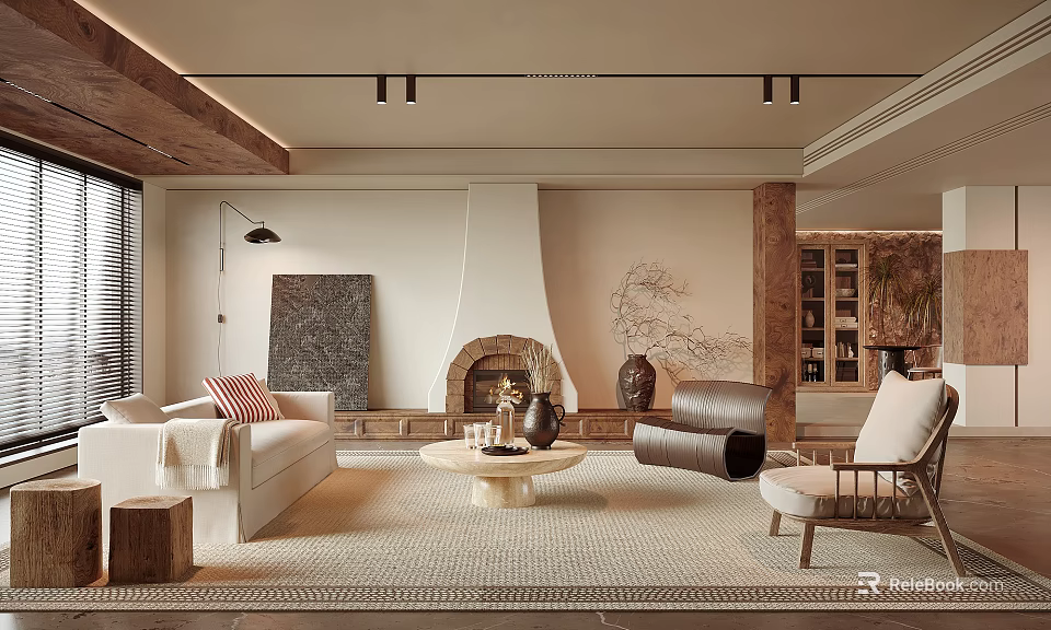 Modern Living Room Interior With Fireplace Sofa Area Rug And Decorative Chairs 3d model 