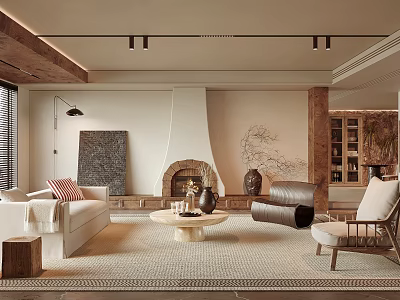 Modern Living Room Interior With Fireplace Sofa Area Rug And Decorative Chairs 3d model