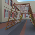 Colorful Playground Equipment With Spider Web Climbing Net And Rings By Wooden Fence Near School Building