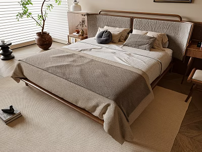 Cozy Modern Bedroom Interior With Double Bed Wooden Headboard Soft Rug And Potted Plant 3d model