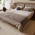 Cozy Modern Bedroom Interior With Double Bed Wooden Headboard Soft Rug And Potted Plant