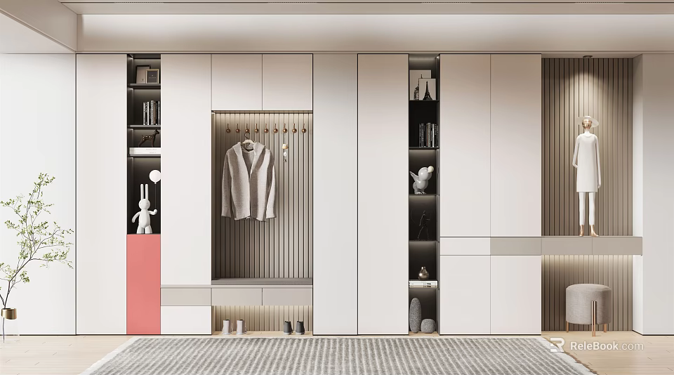Modern Shoe Cabinet Design With Clothing Rack Open Shelves And Storage Spaces 3d model 