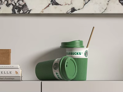 Starbucks Green Cups With Lid And Straw Stacked On White Shelf With Books And Marble 3d model