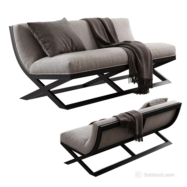 Gray Upholstered Two Seater Sofa With Throw Blanket Pillow And Black Cross Legs 3d model 