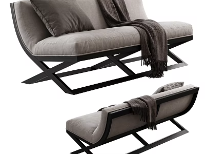 Gray Upholstered Two Seater Sofa With Throw Blanket Pillow And Black Cross Legs 3d model