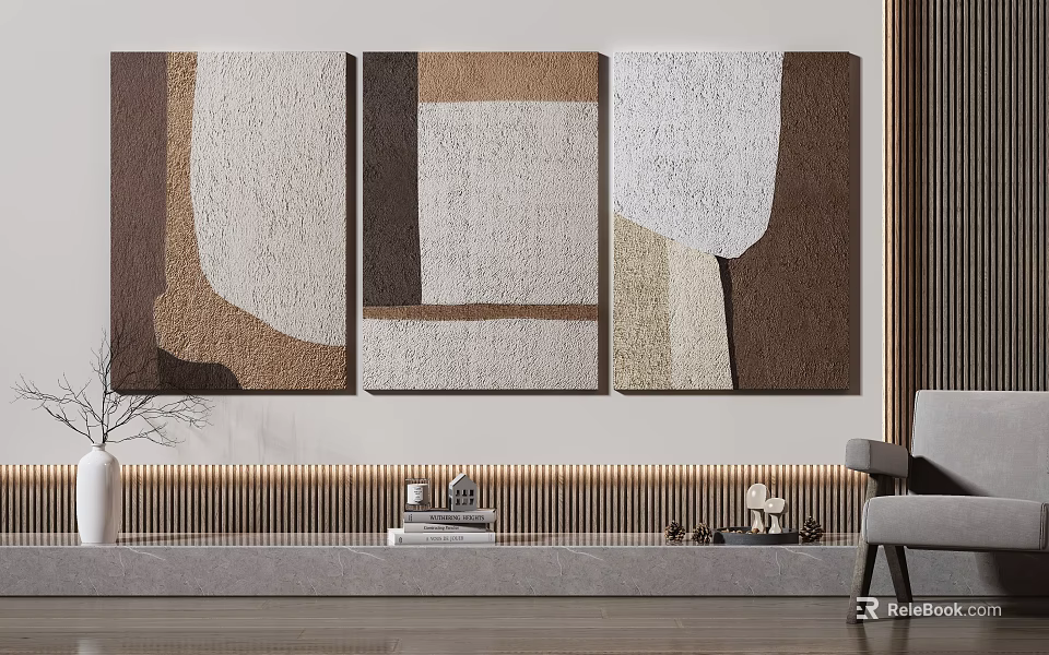 Abstract Paintings In Modern Neutral Toned Interior Decor 3d model