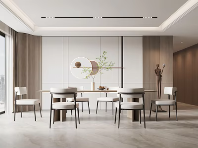 Modern Restaurant Interior Design With Dining Table Chairs Decorative Art And Green Plants 3d model