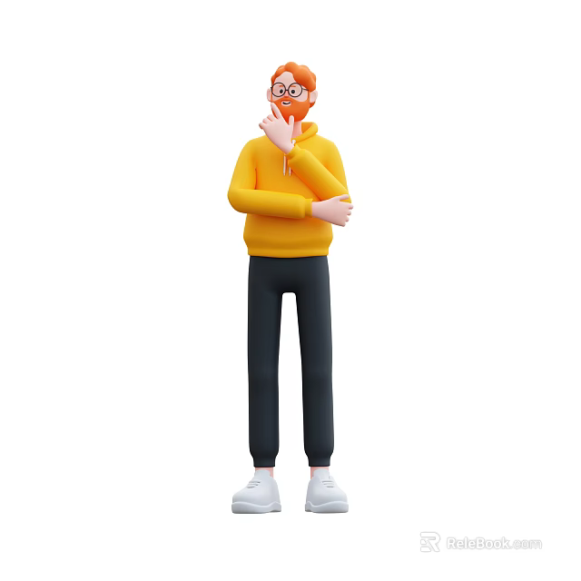 Man in yellow hoodie black pants white shoes with glasses hand on mouth thinking 3d model 