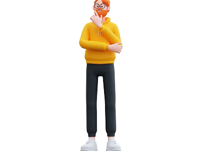Man in yellow hoodie black pants white shoes with glasses hand on mouth thinking 3d model