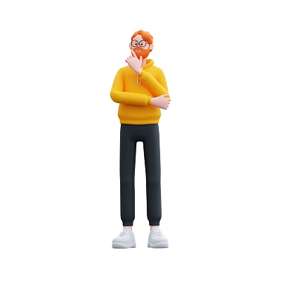 Man in yellow hoodie black pants white shoes with glasses hand on mouth thinking 3d model