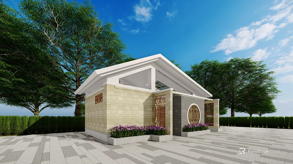 Modern Building With Stone Wall White Roof And Green Landscaping Around 3d model 