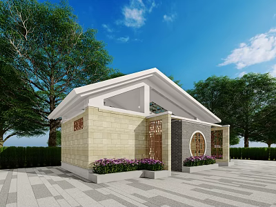 Modern Building With Stone Wall White Roof And Green Landscaping Around 3d model