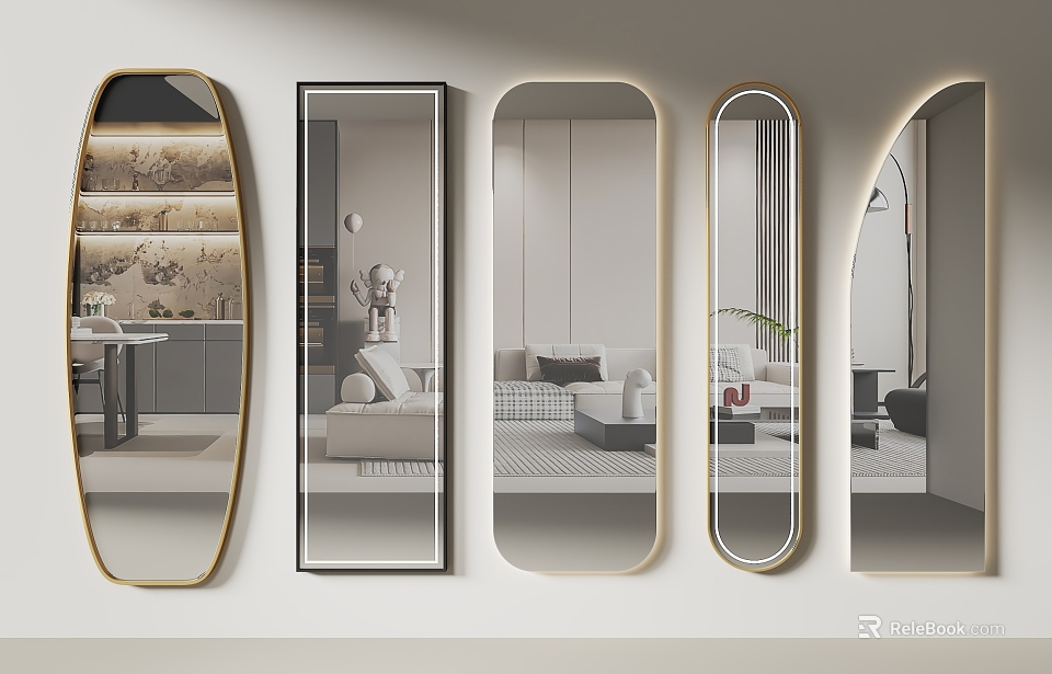 Stylish Wall Mounted Mirrors Of Various Shapes In Modern Interiors 3d model 