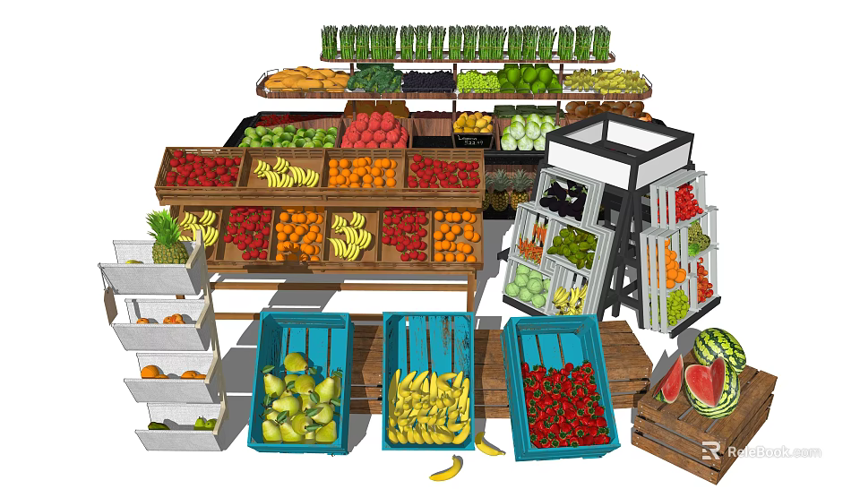 Display Shelves for Fresh Fruits and Vegetables in Retail Market with Neat Arrangement 3d model 