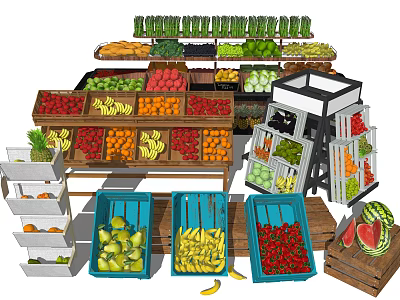 Display Shelves for Fresh Fruits and Vegetables in Retail Market with Neat Arrangement 3d model