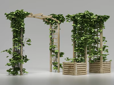 Wooden Garden Arbor With Green Vines And Leafy Climbers And Wooden Planters For Outdoor Decor 3d model