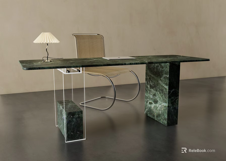 Modern Minimalist Green Marble Desk With Woven Chair And Table Lamp 3d model 