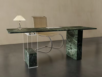 Modern Minimalist Green Marble Desk With Woven Chair And Table Lamp 3d model