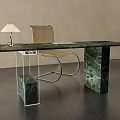 Modern Minimalist Green Marble Desk With Woven Chair And Table Lamp