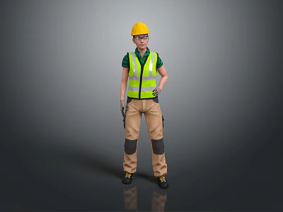 Game Movie Character Wearing Yellow Hard Hat Green Shirt Reflective Vest and Khaki Pants 3d model