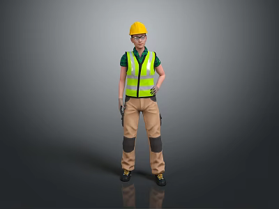 Game Movie Character Wearing Yellow Hard Hat Green Shirt Reflective Vest and Khaki Pants 3d model