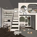 Kids Room Interior Design with Staircase Study Desk Storage Shelves Pendant Lights and Play Rug