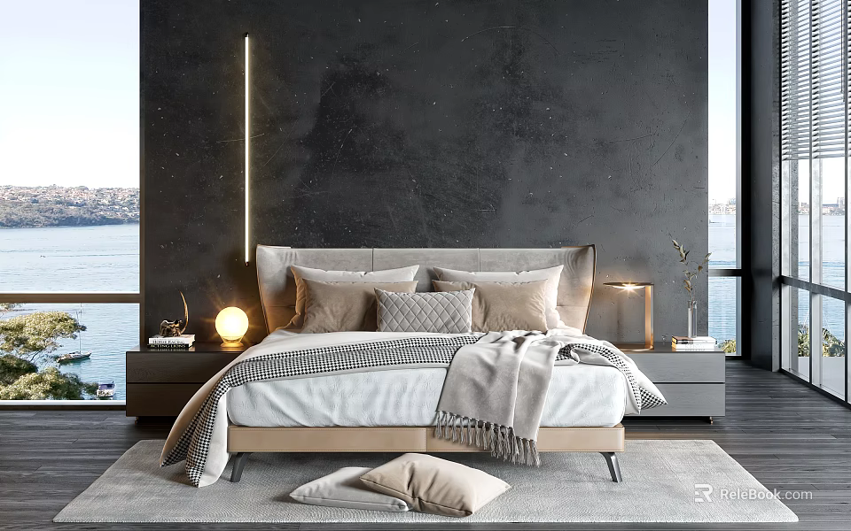 Modern Bed with Dark Wall Vertical Light Sea View Beige Gray Pillows Nightstands and Lamps 3d model 