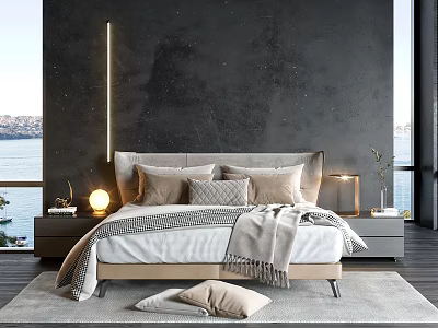 Modern Bed with Dark Wall Vertical Light Sea View Beige Gray Pillows Nightstands and Lamps 3d model
