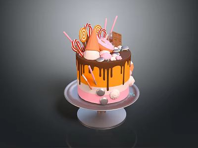 Colorful Decorated Cake With Chocolate Drizzle Lollipops And Candy On Glass Stand 3d model