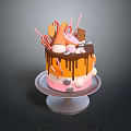 Colorful Decorated Cake With Chocolate Drizzle Lollipops And Candy On Glass Stand