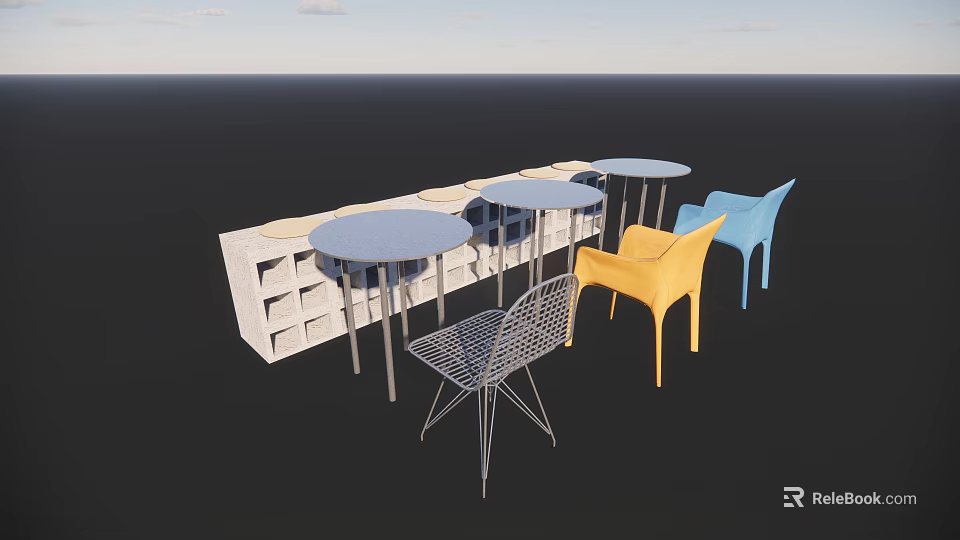 Colorful Public Chairs With Round Tables In Modern Public Space 3d model 