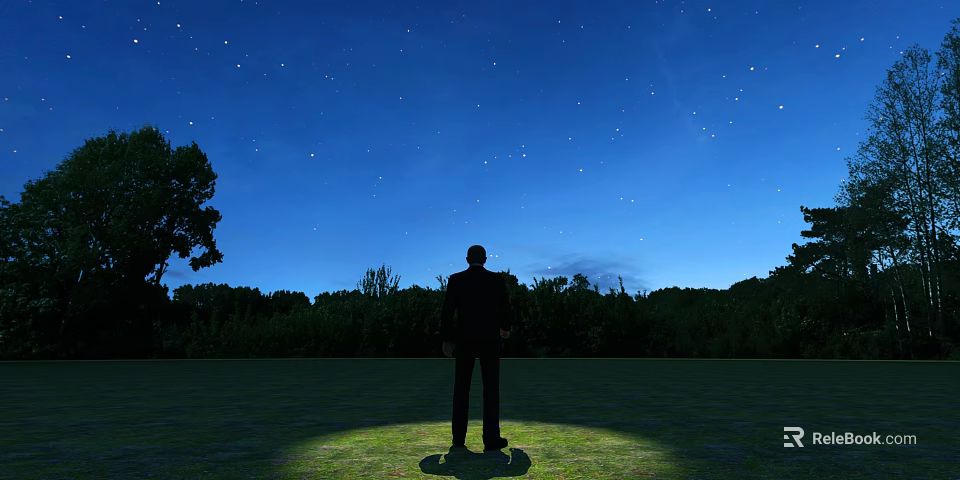 Serene Night Landscape With Starry Sky Green Meadow Standing Person And Tall Trees 3d model 