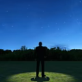 Serene Night Landscape With Starry Sky Green Meadow Standing Person And Tall Trees