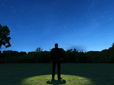 Serene Night Landscape With Starry Sky Green Meadow Standing Person And Tall Trees 3d model