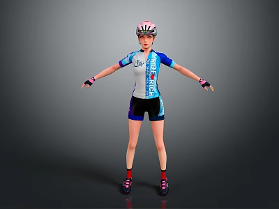 Cyclist In Blue White Cycling Gear With Helmet Black Shorts Red Socks Arms Outstretched 3d model