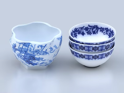 Elegant Dinnerware Set With Petal Shaped Edges Stacked Bowls And Blue White Patterns 3d model