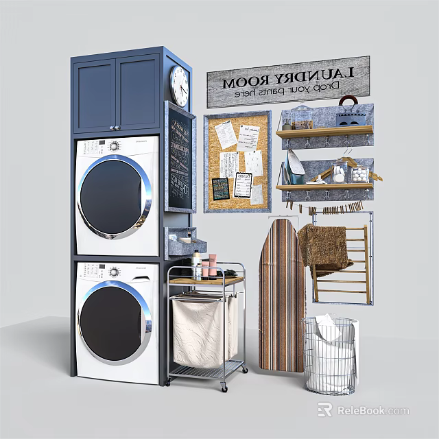 Laundry Cabinet Setup With Stacked Washing Machine Dryer Blue Storage And Hanging Rack 3d model 