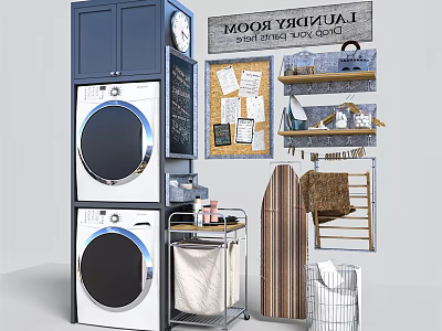 Laundry Cabinet Setup With Stacked Washing Machine Dryer Blue Storage And Hanging Rack 3d model