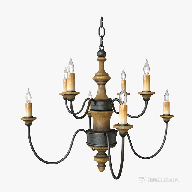 Vintage Style Chandelier With Wooden Body Metal Arms And Multiple Candle Shaped Bulbs 3d model 