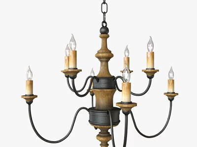 Vintage Style Chandelier With Wooden Body Metal Arms And Multiple Candle Shaped Bulbs 3d model