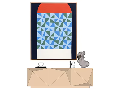Abstract Geometric Painting With Red Top And Blue Green Triangles Above Beige Cabinet With Sculpture 3d model