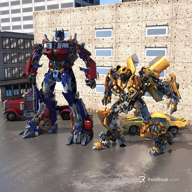 Transformers Characters Optimus Prime Bumblebee And Small Robot In City Scene 3d model 
